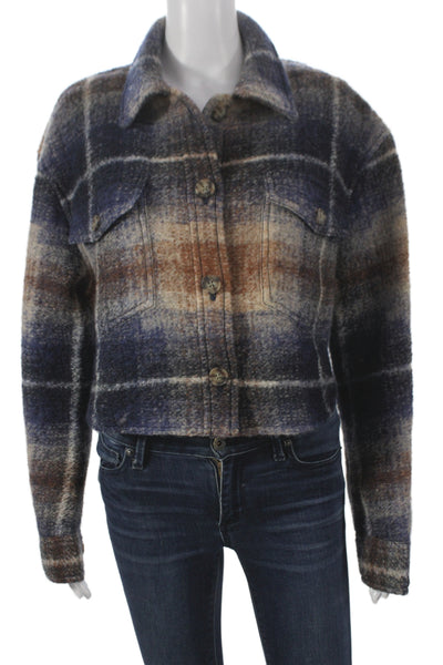 Wilfred Free Women Plaid Wool Blend Button Collared Jacket Blue 90s Size M