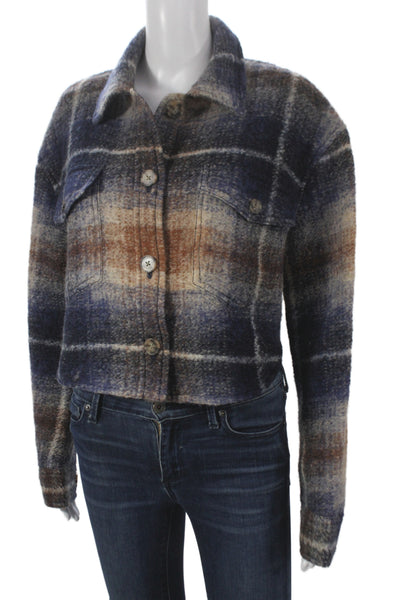Wilfred Free Women Plaid Wool Blend Button Collared Jacket Blue 90s Size M