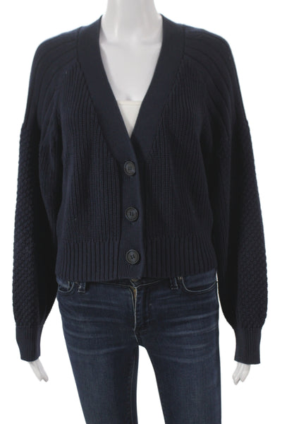 525 Women Cardigan Dark Blue V-Neck Button Cotton Size M