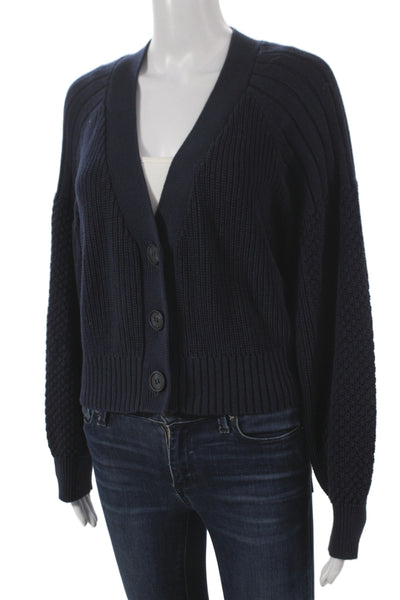 525 Women Cardigan Dark Blue V-Neck Button Cotton Size M