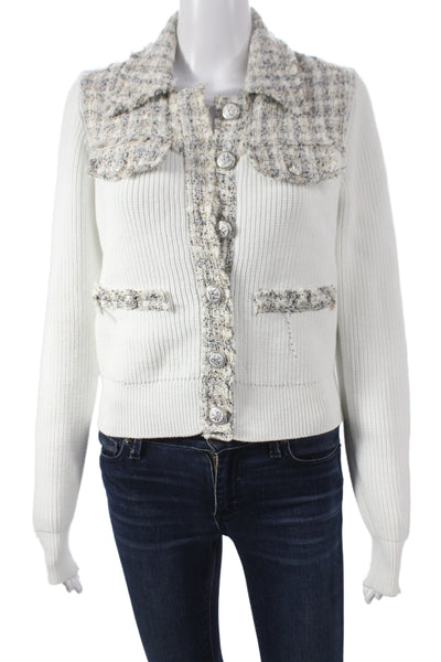 Central Park West Womens Cardigan White Check Button Collar Long Sleeve Size S