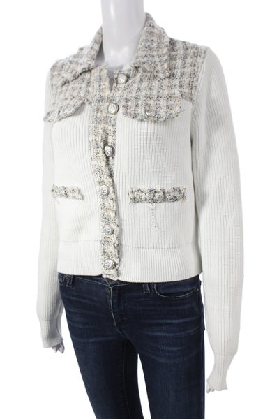 Central Park West Womens Cardigan White Check Button Collar Long Sleeve Size S