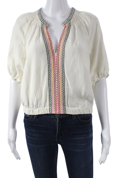 Marine Layer Womens White V Neck Boho Short Sleeve Tencel Linen Blouse Size M