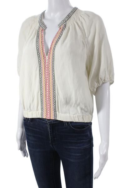 Marine Layer Womens White V Neck Boho Short Sleeve Tencel Linen Blouse Size M