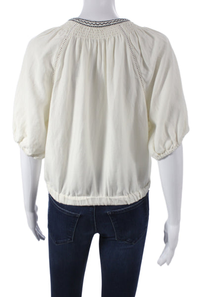 Marine Layer Womens White V Neck Boho Short Sleeve Tencel Linen Blouse Size M