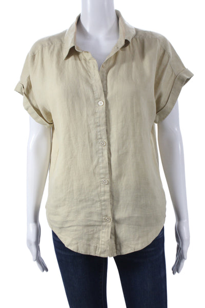 Michael Stars Women Beige Linen Collared Short Sleeve Button Up Blouse Size S
