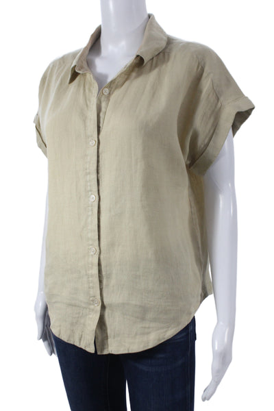 Michael Stars Women Beige Linen Collared Short Sleeve Button Up Blouse Size S