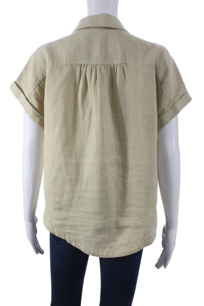 Michael Stars Women Beige Linen Collared Short Sleeve Button Up Blouse Size S