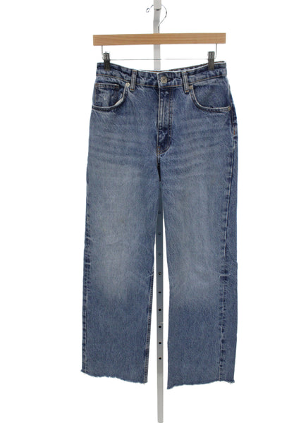 Zara Unisex Cropped Straight Jeans Blue High Rise Cotton Button Size 6