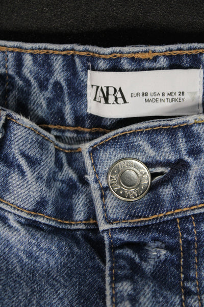 Zara Unisex Cropped Straight Jeans Blue High Rise Cotton Button Size 6