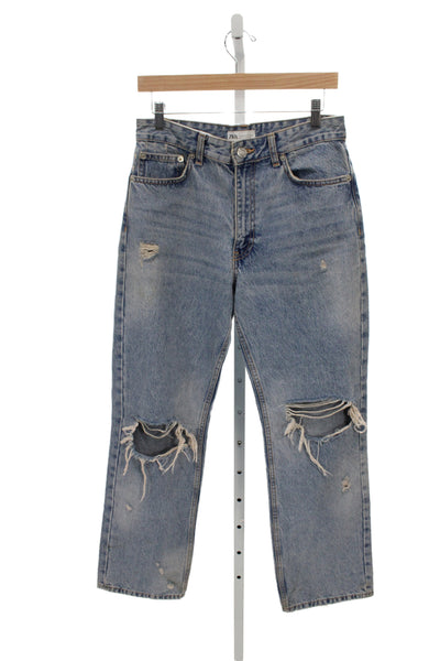 Zara Women Boyfriend Mom Jeans Blue High Rise Cotton 28 Inseam Size 6