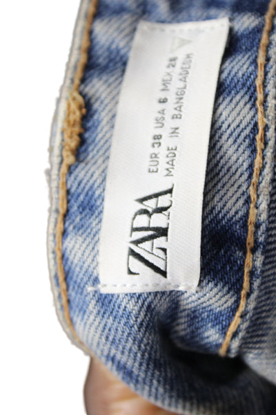 Zara Women Boyfriend Mom Jeans Blue High Rise Cotton 28 Inseam Size 6