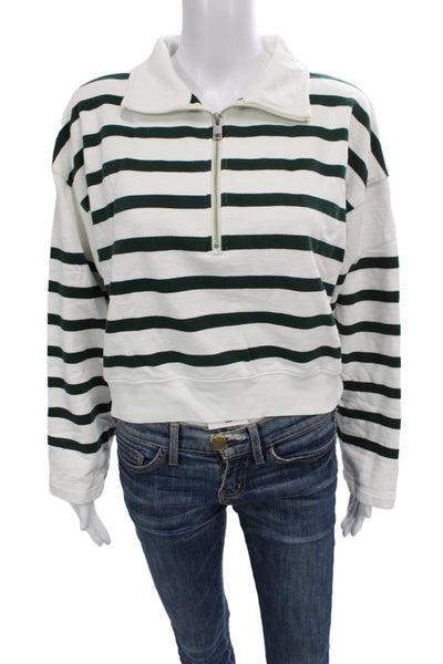 Frame Women Pullover Sweatshirt Green Striped Collared Zip Size M