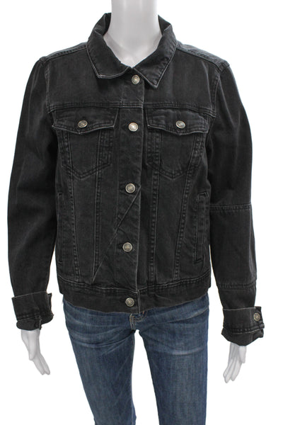 Free People Women Black Cotton Collared Button Jacket 90s Long Sleeve Size M