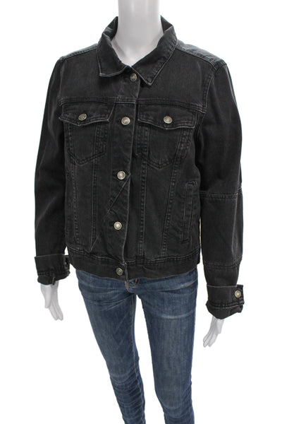 Free People Women Black Cotton Collared Button Jacket 90s Long Sleeve Size M