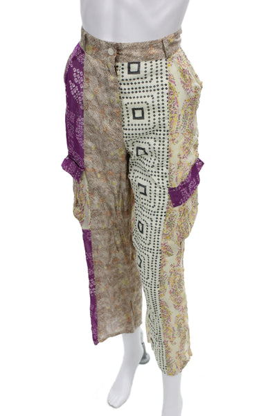 Zara Womens Cargo Pants Beige Viscose Floral Paisley Geometric Bohemian Size M
