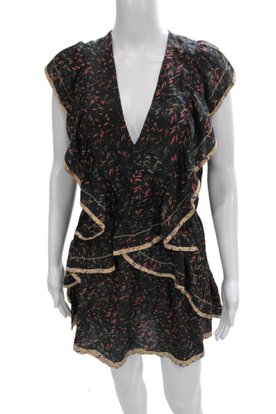 IRO Women Wrap Dress Black Silk V Neck Short Sleeve Mini Boho Size 38