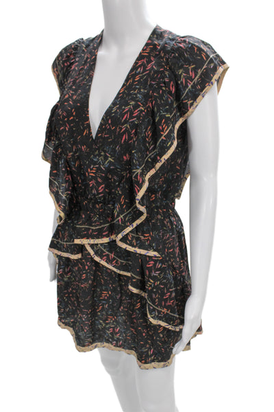 IRO Women Wrap Dress Black Silk V Neck Short Sleeve Mini Boho Size 38