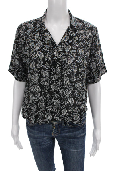 Muze Womens Black Paisley Collared Button Up Blouse Short Sleeve Viscose Size M
