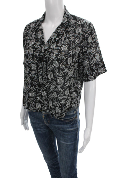Muze Womens Black Paisley Collared Button Up Blouse Short Sleeve Viscose Size M