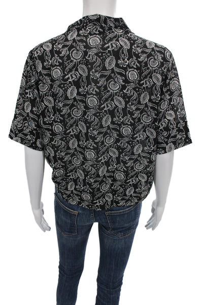Muze Womens Black Paisley Collared Button Up Blouse Short Sleeve Viscose Size M
