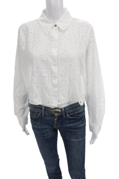 Zara Women Cropped Button Up Blouse White Collared Long Sleeve Cotton Size L