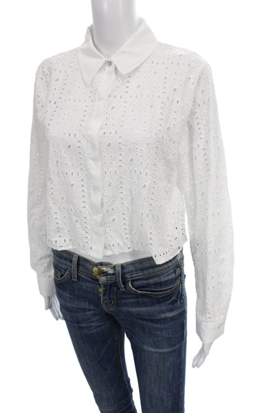 Zara Women Cropped Button Up Blouse White Collared Long Sleeve Cotton Size L