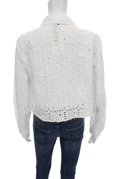 Zara Women Cropped Button Up Blouse White Collared Long Sleeve Cotton Size L