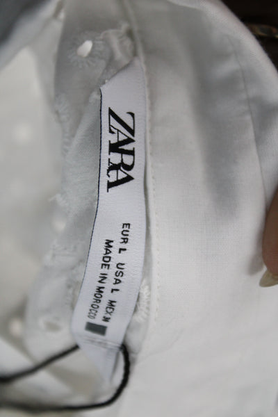 Zara Women Cropped Button Up Blouse White Collared Long Sleeve Cotton Size L