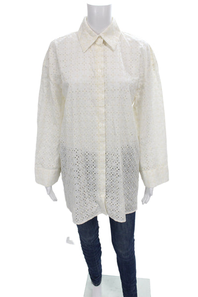 Zara Women White Geometric Cotton Collared Long Sleeve Button-Up Top Size XS