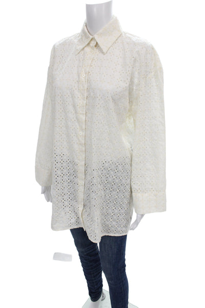 Zara Women White Geometric Cotton Collared Long Sleeve Button-Up Top Size XS