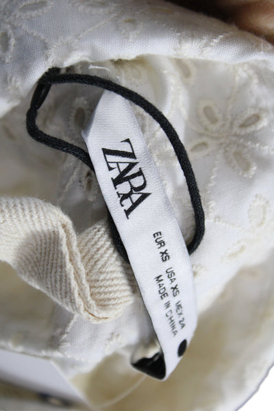 Zara Women White Geometric Cotton Collared Long Sleeve Button-Up Top Size XS