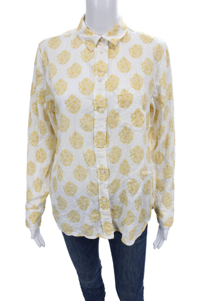 J Crew Women Floral Collared Cotton Long Sleeve Button-Up White Size 6