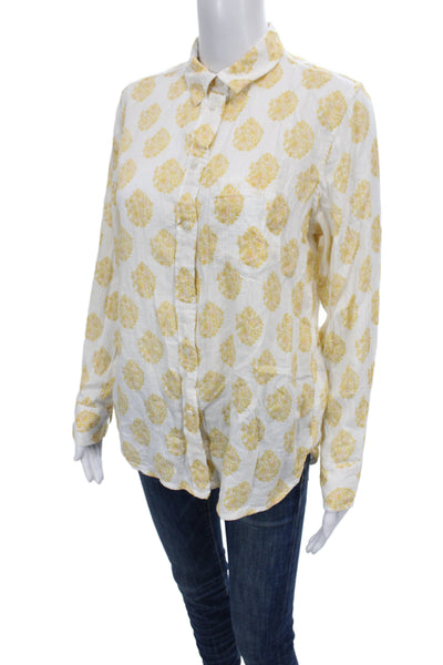 J Crew Women Floral Collared Cotton Long Sleeve Button-Up White Size 6