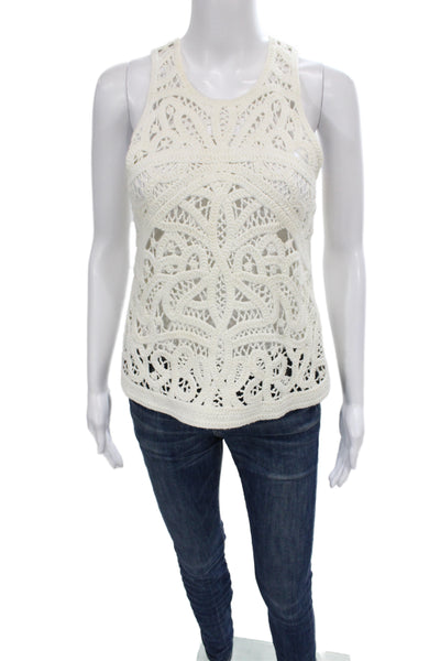 Maje Women White Silk Cotton Lurex Tank Sleeveless Bohemian Round Neck Size 2