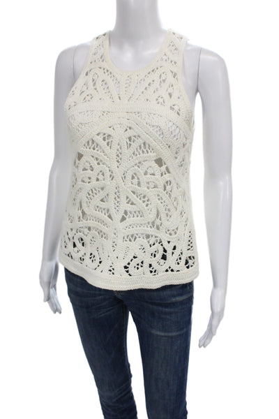 Maje Women White Silk Cotton Lurex Tank Sleeveless Bohemian Round Neck Size 2
