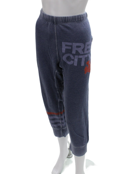FREE CITY Unisex Cropped Sweatpants Dark Blue Graphic Print Size L