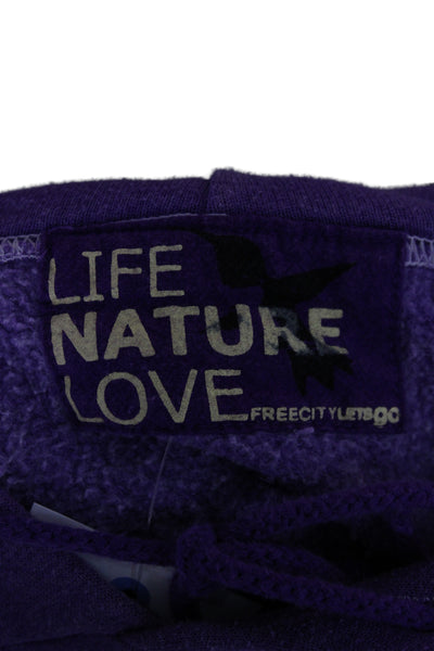 FREE CITY Unisex Pullover Hoodies Purple Graphic Bird Drawstring Size S