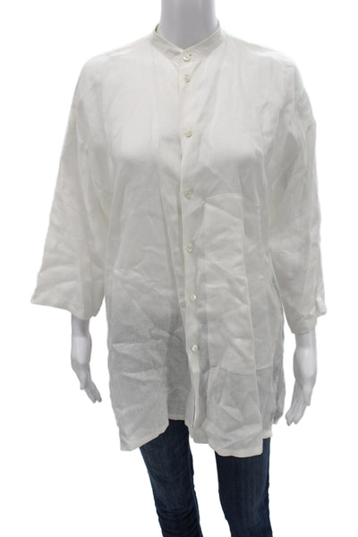 Eskandar Women High Neck Linen Tunic 3/4 Sleeve Button Up White Size 0