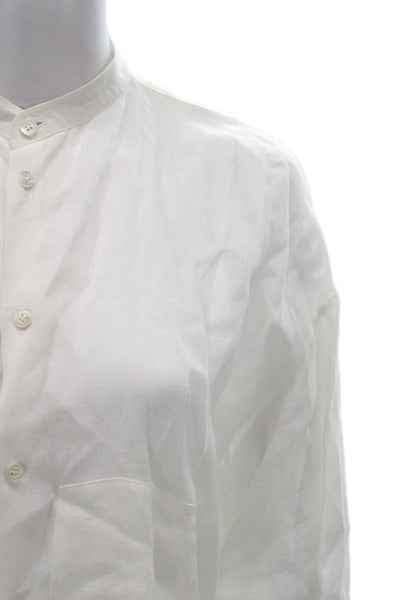 Eskandar Women High Neck Linen Tunic 3/4 Sleeve Button Up White Size 0