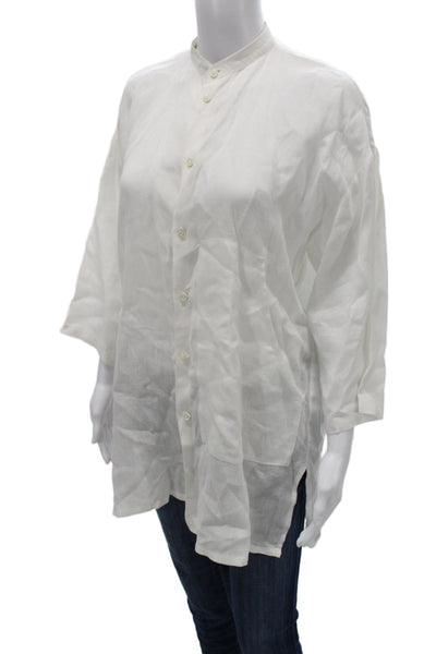 Eskandar Women High Neck Linen Tunic 3/4 Sleeve Button Up White Size 0