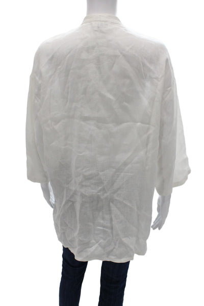 Eskandar Women High Neck Linen Tunic 3/4 Sleeve Button Up White Size 0