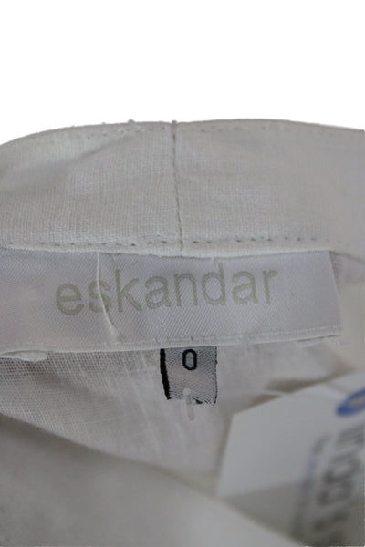 Eskandar Women High Neck Linen Tunic 3/4 Sleeve Button Up White Size 0