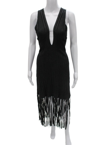 Milly Women Black V-Neck Sweater Dress Bohemian Knee Length Size L