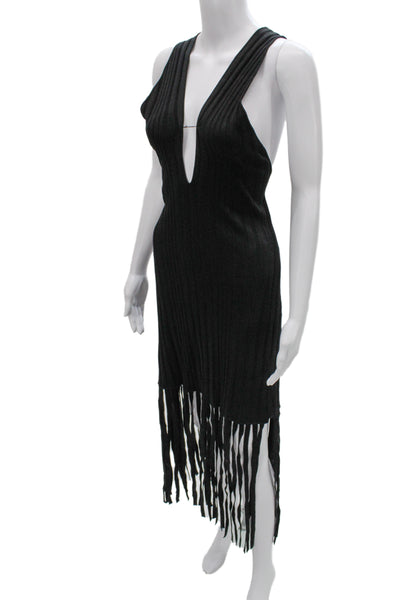 Milly Women Black V-Neck Sweater Dress Bohemian Knee Length Size L