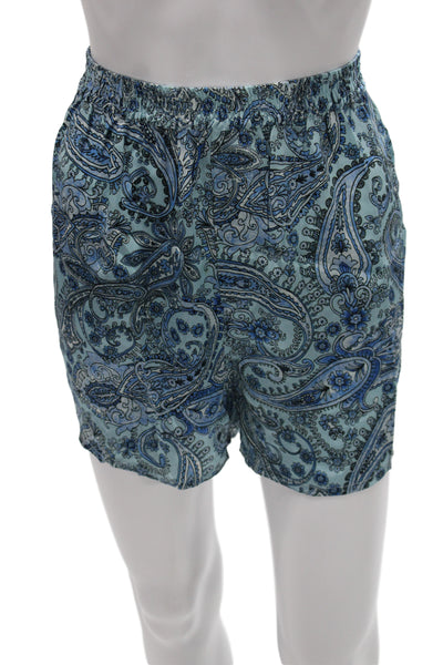 Frankies Bikinis Unisex Blue Paisley Bohemian Silk Blend Shorts Size L