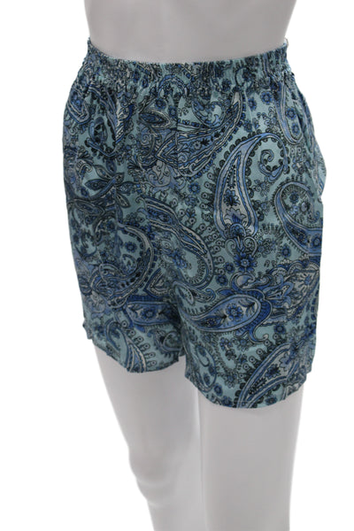Frankies Bikinis Unisex Blue Paisley Bohemian Silk Blend Shorts Size L