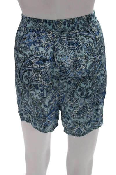 Frankies Bikinis Unisex Blue Paisley Bohemian Silk Blend Shorts Size L