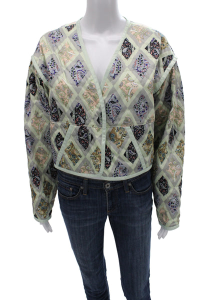 Cinq A Sept Women Quilted Jacket Green Paisley Long Sleeve V-Neck Size M