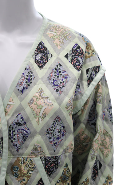 Cinq A Sept Women Quilted Jacket Green Paisley Long Sleeve V-Neck Size M